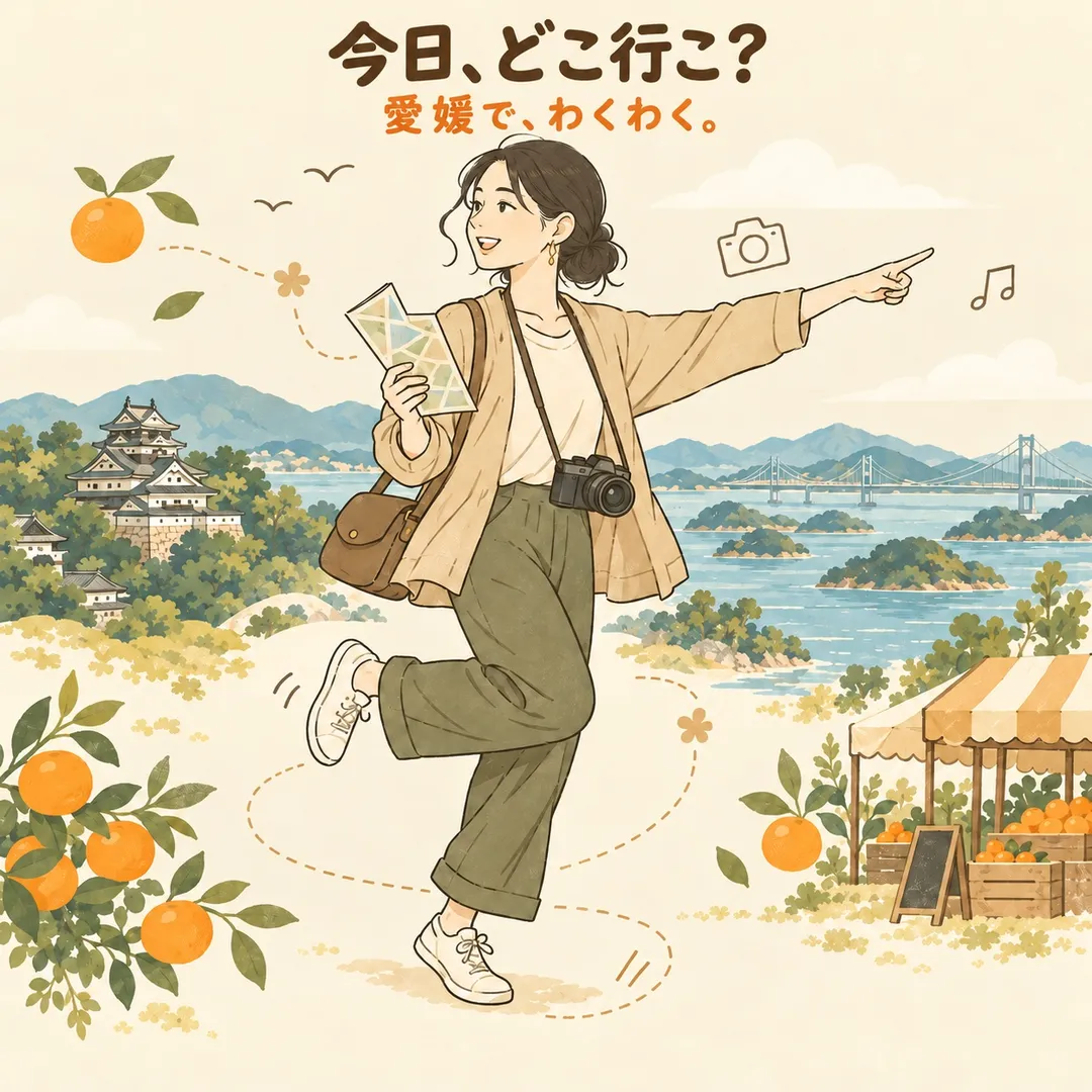 今日、どこ行こ？ 愛媛で、わくわく。（秋のイラスト）
