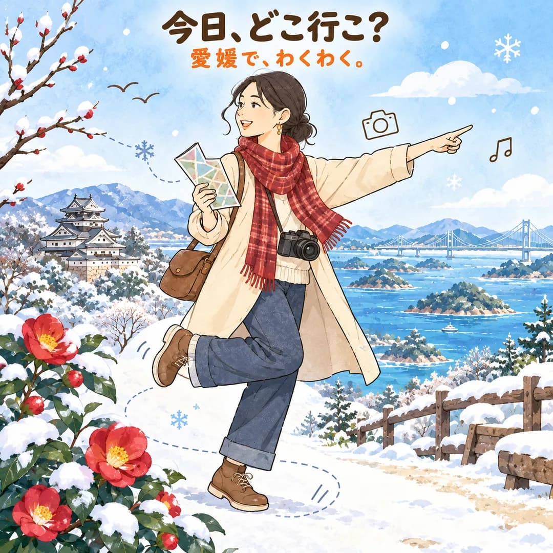 今日、どこ行こ？ 愛媛で、わくわく。（冬のイラスト）