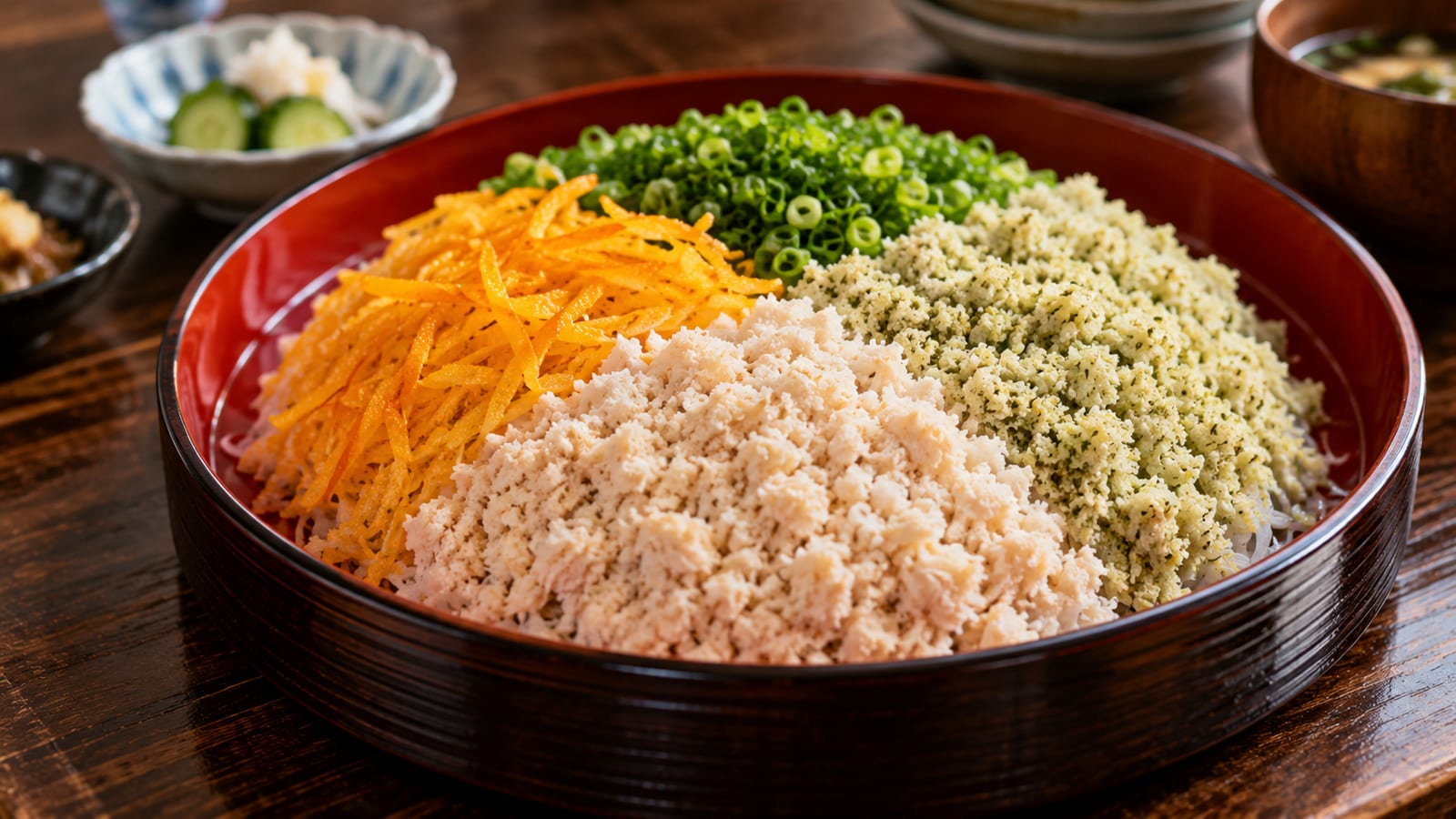 大皿に盛られたふくめん。細く切ったこんにゃくを、白と緑の魚のそぼろ、ねぎ、みかんの皮の四色が覆っている