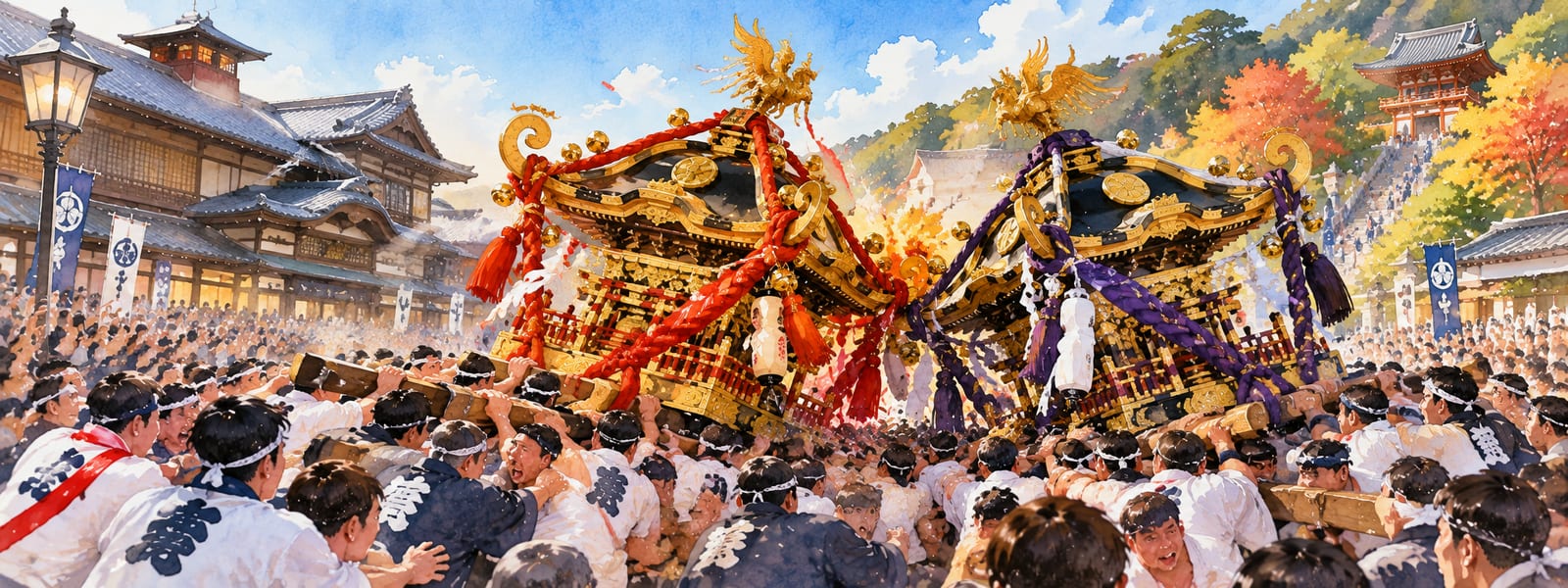 道後温泉本館の前で、担ぎ手に囲まれた二体の大神輿がぶつかり合う鉢合わせのイメージイラスト