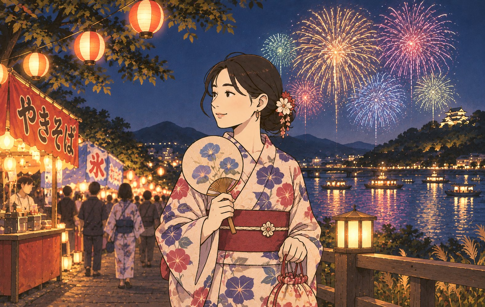 川面に映る花火と屋台の灯りを浴衣で眺めるイメージイラスト