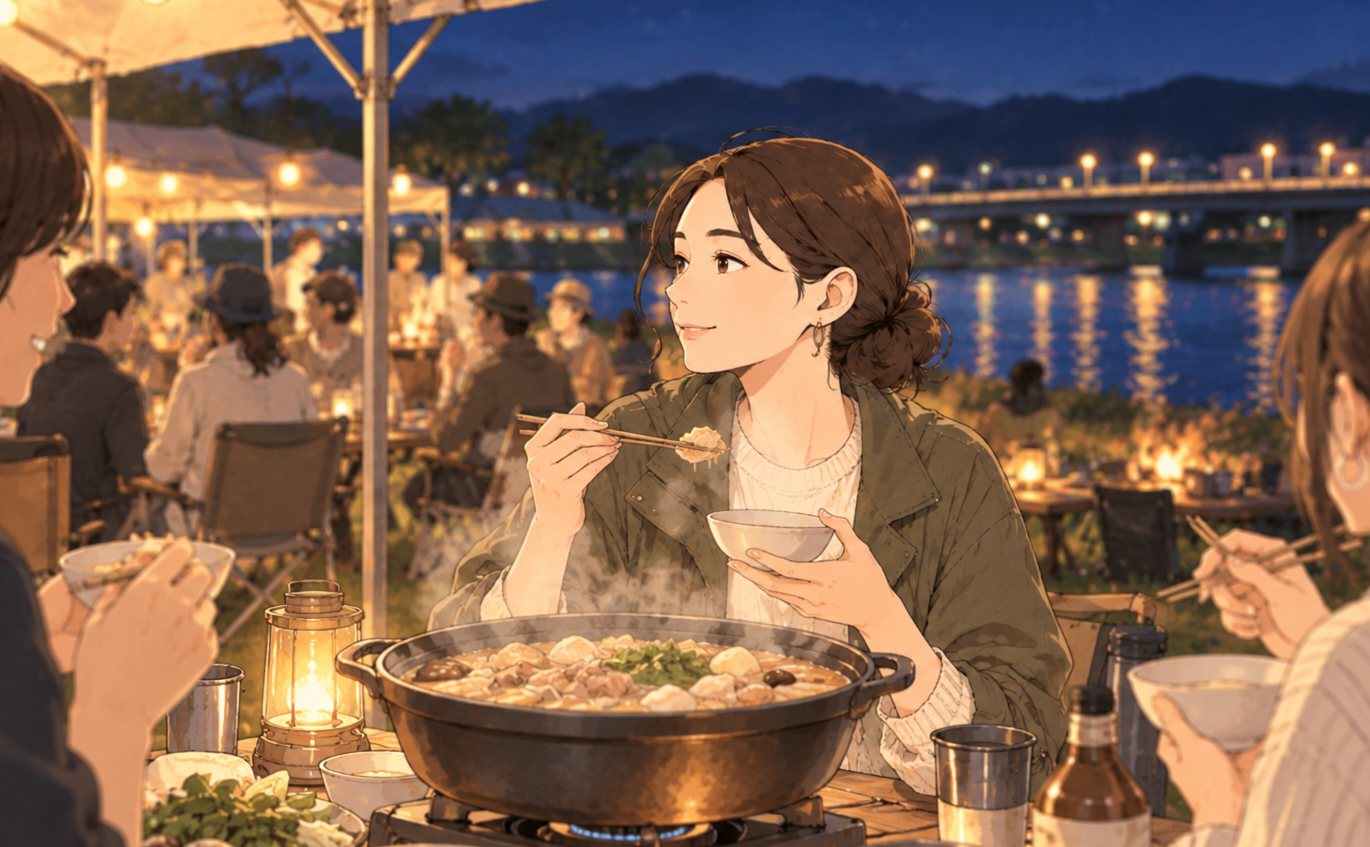 秋の夜、川沿いのテントでいもたきの鍋を囲むイメージイラスト