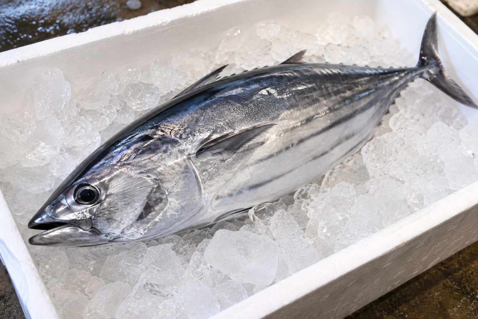 氷を敷いた箱に載せた丸ごとのカツオ