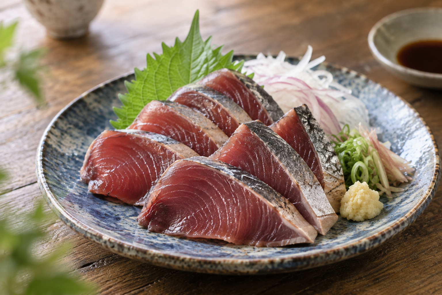 薬味とともに皿に盛り付けたカツオ