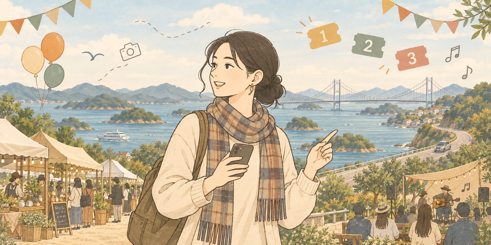 色づく木々と瀬戸内の島々を背に、マルシェとライブを眺めながらスマホでイベントを探す秋のイラスト