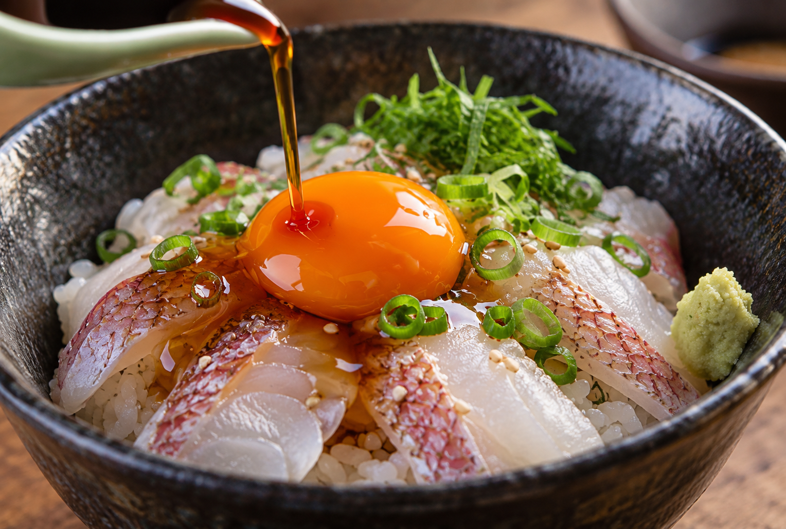 タイの切り身と卵黄をのせたご飯にたれをかける様子