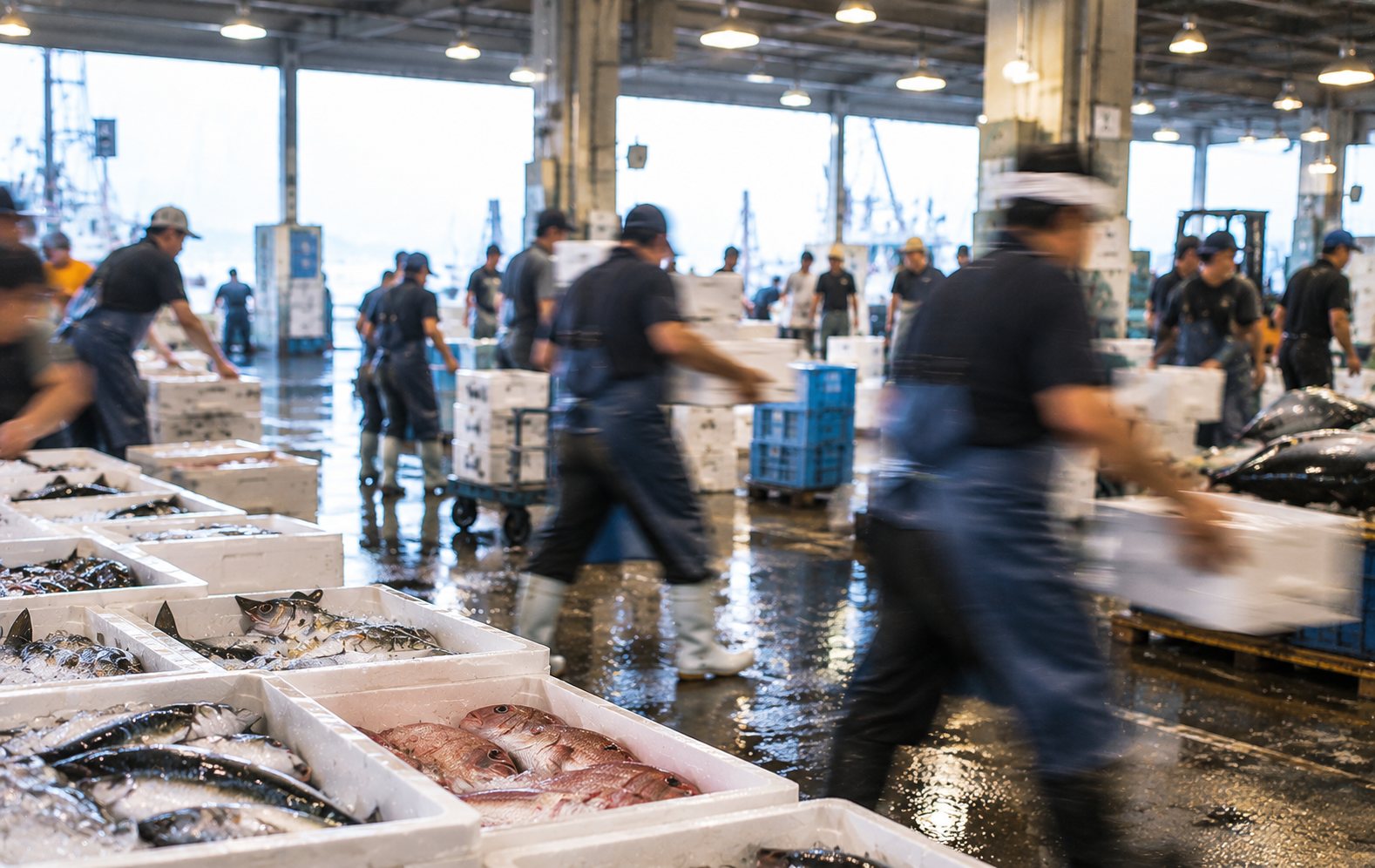 魚市場の卸売場に鮮魚の箱が並び、人が行き交うイメージ